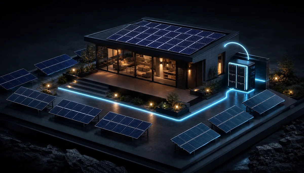Maison équipée de panneaux solaires et de batteries de stockage pour l'autonomie électrique