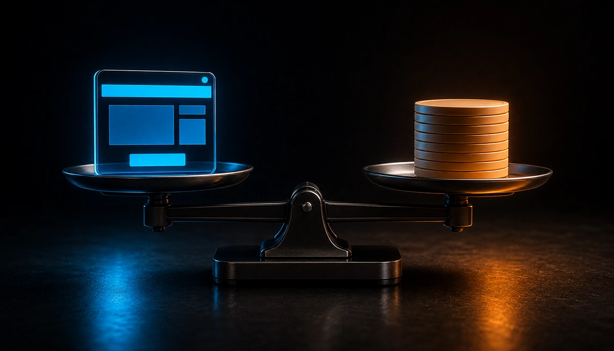 Balance de précision : sur un plateau une page web lumineuse en bleu, sur l'autre une pile de jetons dorés
