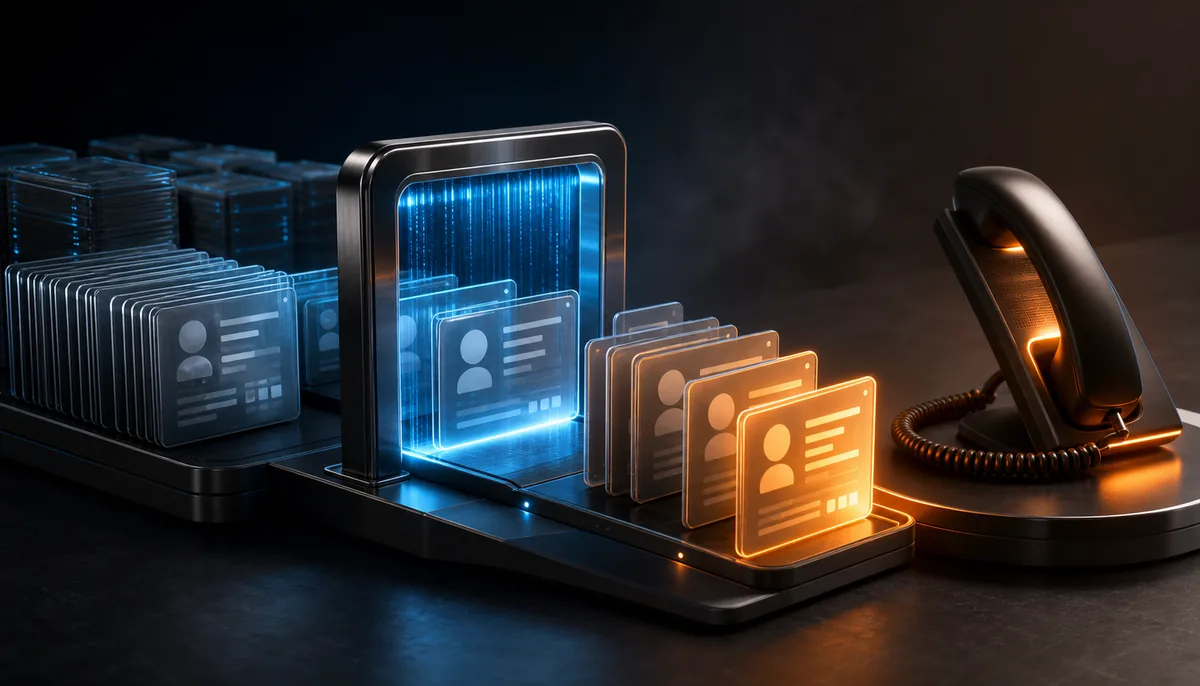 Fiches de prospects triées et qualifiées à côté d'un téléphone, avant une session d'appels