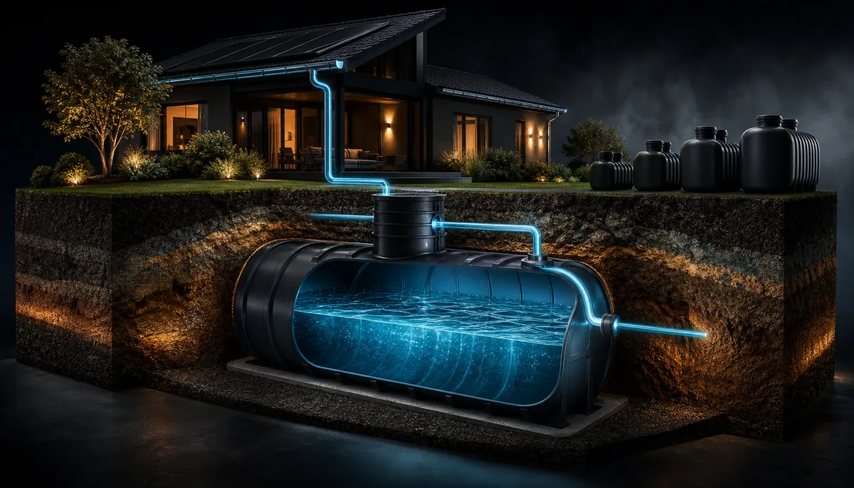 Cuve de récupération d'eau de pluie enterrée, raccordée à la gouttière d'une maison