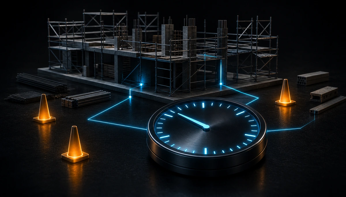 Maquette de chantier avec échafaudages et plots de signalisation, reliée par des filets de lumière bleus à un grand cadran d'horloge posé au premier plan