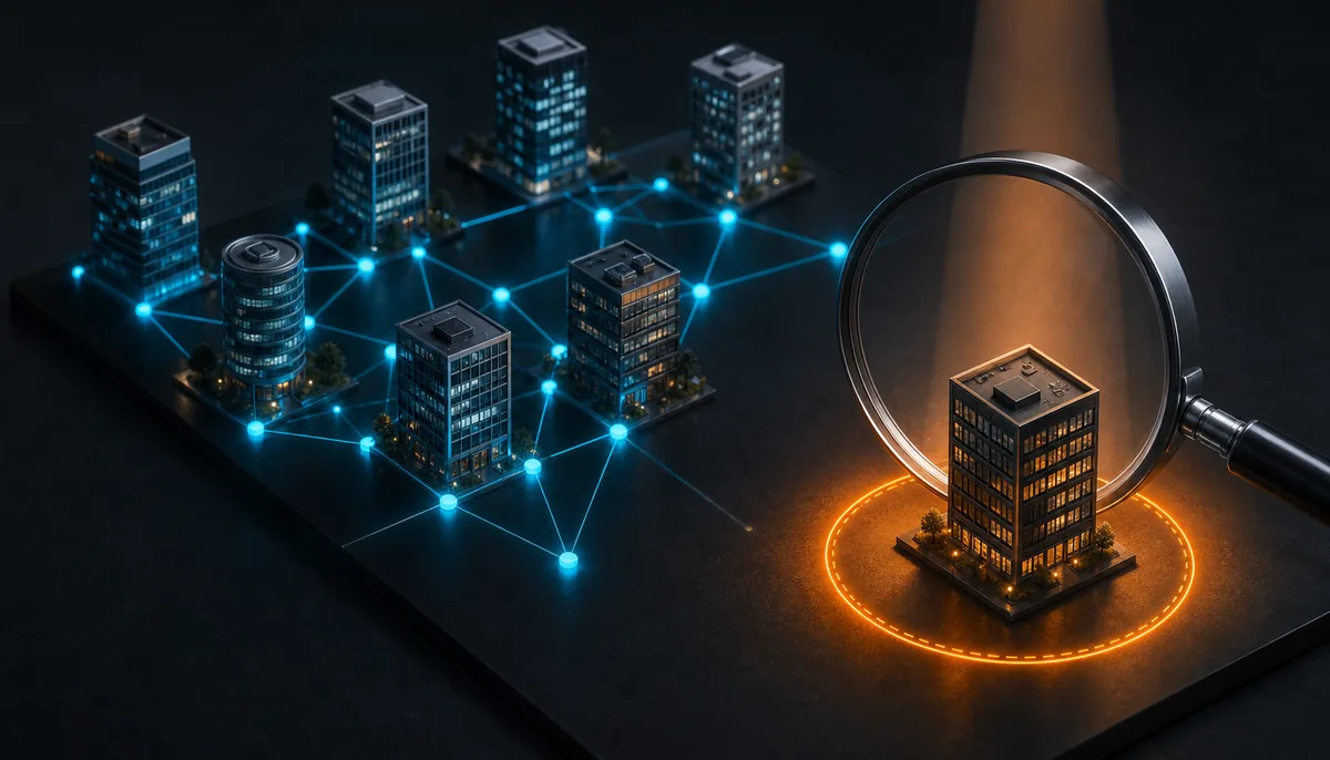 Loupe mettant en évidence une entreprise isolée parmi un réseau d'entreprises connectées